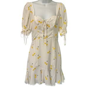 For Love & Lemons White Yellow Cherry Ashland Lace Up Mini Dress size XS NEW Tag